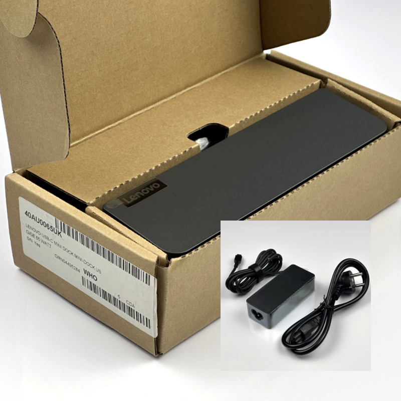 Lenovo ThinkPad USB-C Mini Dock 40AU  Stacja dokująca z HDMI, VGA, LAN, USB i USB-C. W zestawie oryginalne pudełko, zasilacz 65W i kabel.JPG