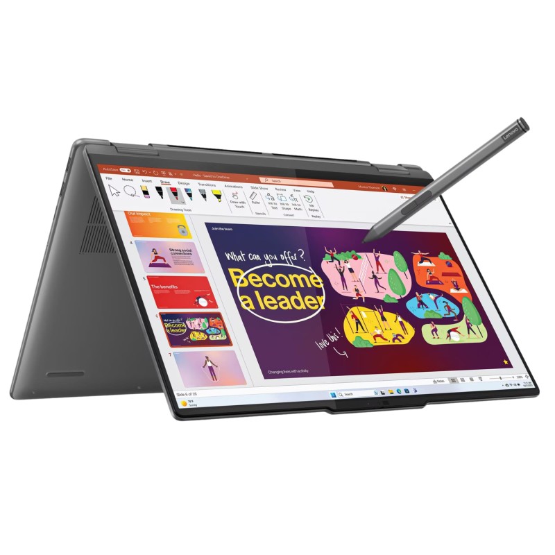 Yoga 7 2in1 16IML9 z Ultra 7 155U. Dotykowy ekran 16” FHD+ i zawias 360° zapewniają komfort pracy, tworzenia i rozrywki w trybie laptopa i tabletu.