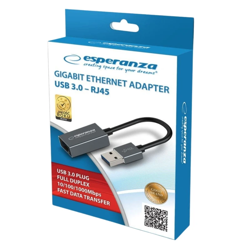 Adapter ESPERANZA USB 3.0 – RJ-45. Kompaktowa karta sieciowa LAN do laptopa lub komputera, zapewniająca stabilne połączenie przewodowe.