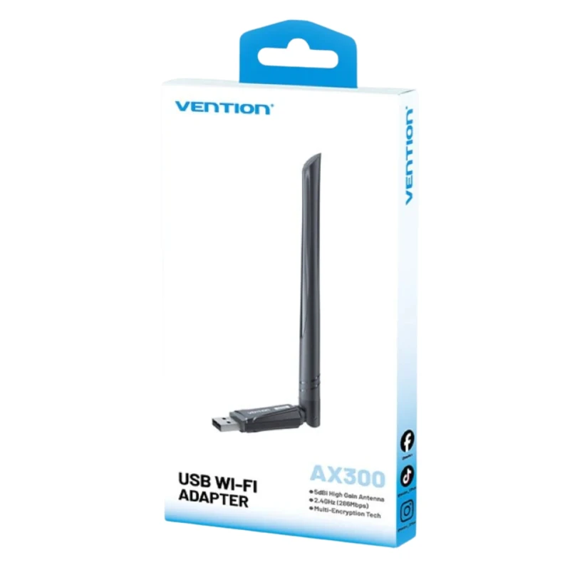 Adapter Vention AX300 USB Wi-Fi 6 2.4 GHz z anteną. Adapter sieciowy USB do komputera lub laptopa, zapewniający łączność bezprzewodową Wi-Fi 6.