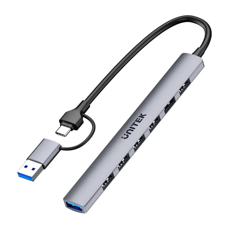 Unitek Hub USB-A/C 7w1 5 Gbps. Praktyczny rozdzielacz USB ułatwiający podłączenie akcesoriów, dysków i urządzeń peryferyjnych. Unitek Hub USB-A/C 7w1 5 Gbps. Praktyczny rozdzielacz USB ułatwiający podłączenie akcesoriów, dysków i urządzeń peryferyjnych.