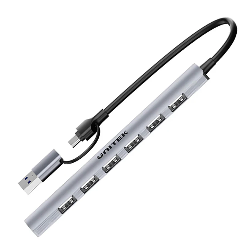Unitek Hub USB-A/C 7w1 5 Gbps. Praktyczny rozdzielacz USB ułatwiający podłączenie akcesoriów, dysków i urządzeń peryferyjnych.