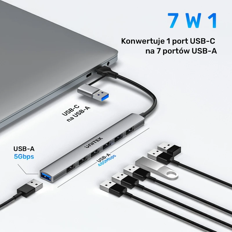 Unitek Hub USB-A/C 7w1 5 Gbps. Praktyczny rozdzielacz USB ułatwiający podłączenie akcesoriów, dysków i urządzeń peryferyjnych.