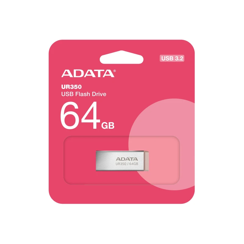 Pendrive ADATA UR350 64GB USB 3.2 Gen1. Kompaktowa pamięć przenośna w metalowej obudowie, idealna do szybkiego zapisu i przenoszenia plików.